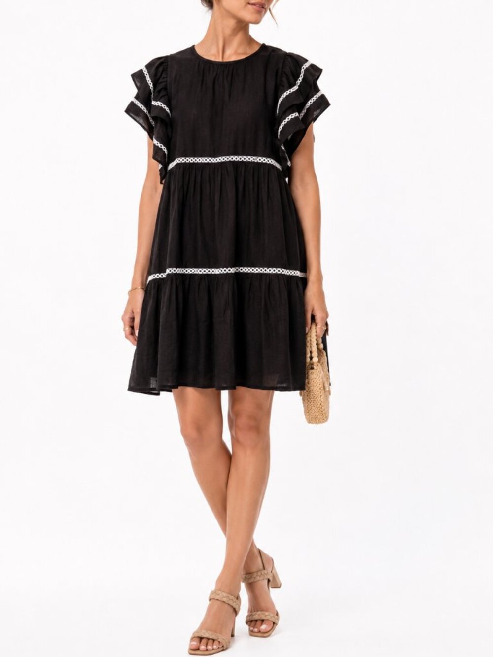 NWT Strut & Bolt Black Flutter Sleeve Tiered Mini Dress Cottagecore Size M